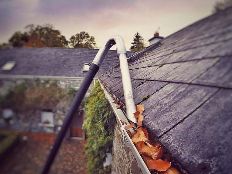 Close-up of a gutter full of autumn leaves being cleared
